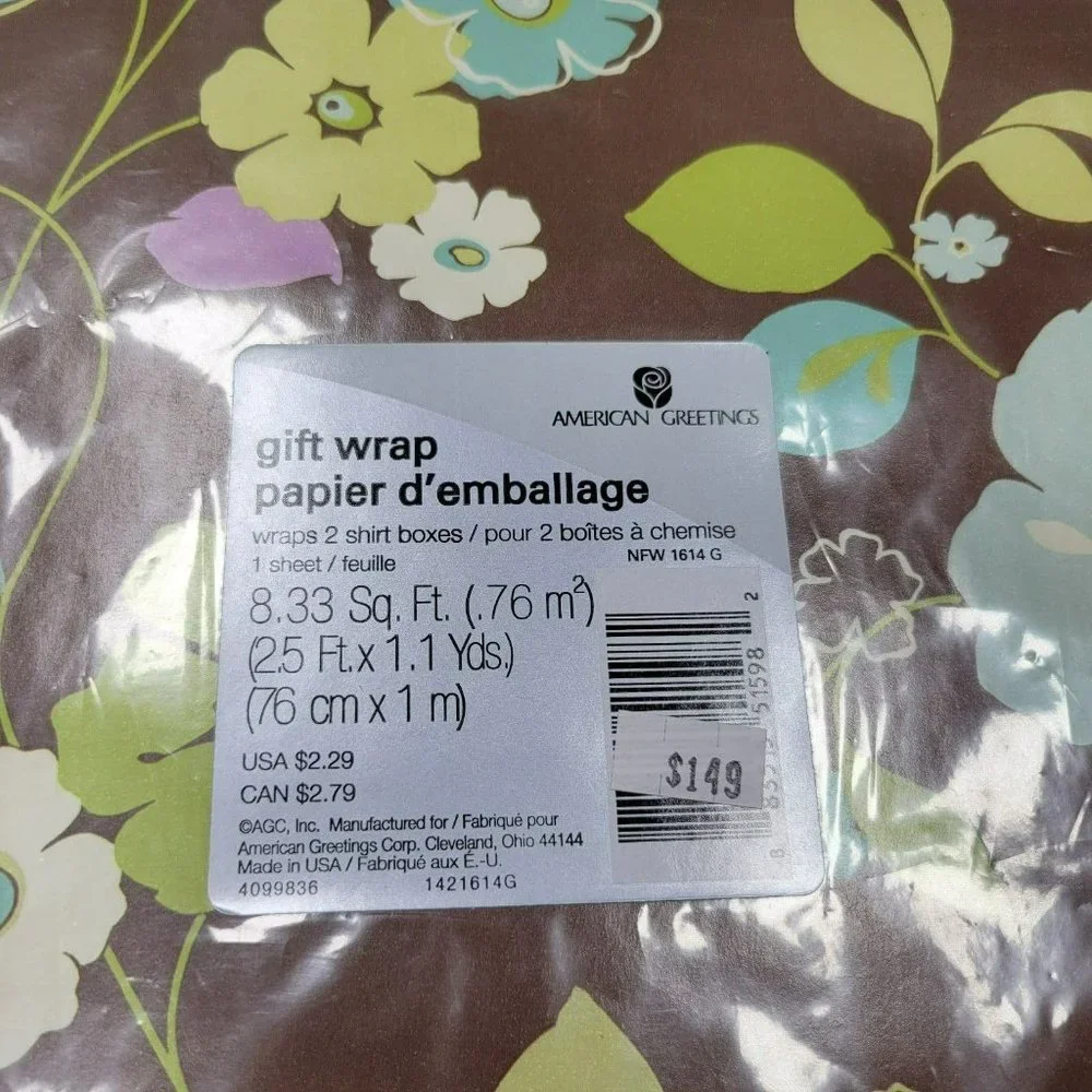 Vintage American Greetings Gift Wrap FLORAL PATTERN Brown NEW SEALED One Sheet